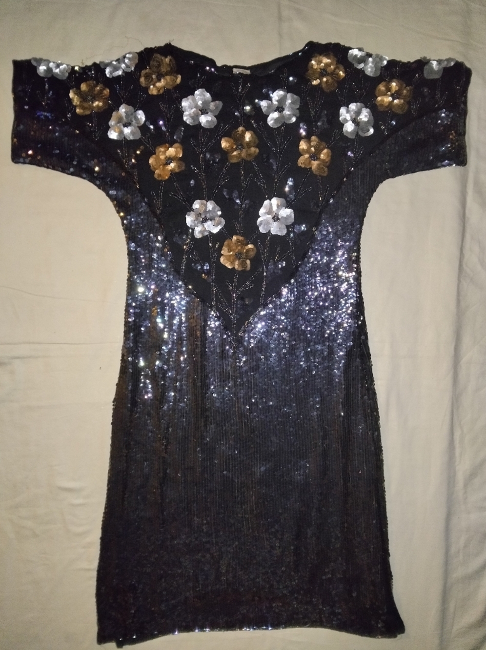 Black One-Shoulder Sequin Dress with Gold & Silver Floral Accents